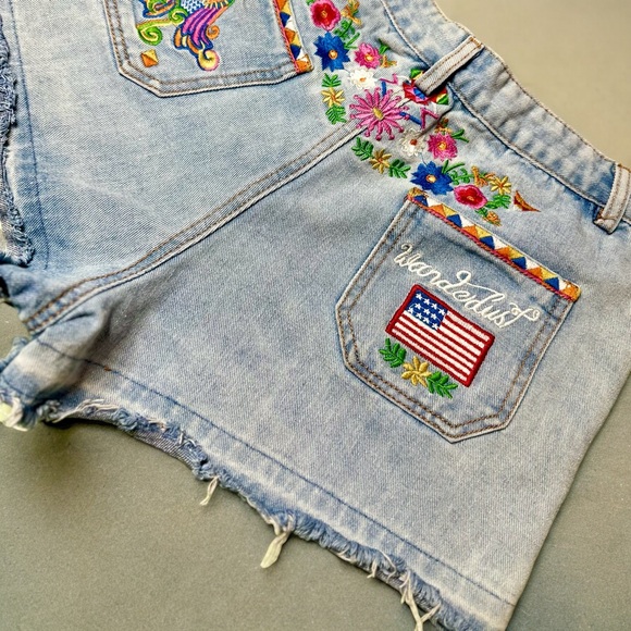 EUC Spell & The Gypsy Light Blue Wanderlust Embroidered Denim Shorts w/ Raw Hem - Picture 7 of 12